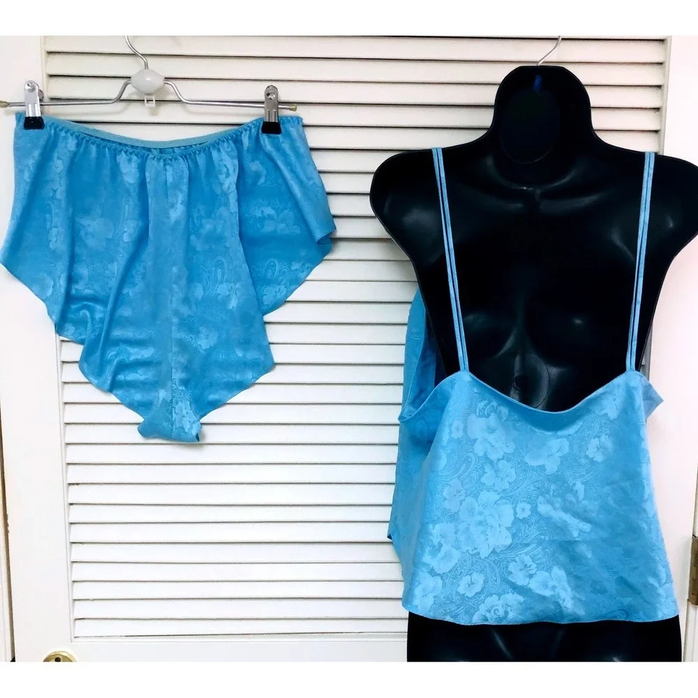 VTG Victorias Secret Cami Tank Set Gold Label Women L Blue Satin Brocade Cut Out